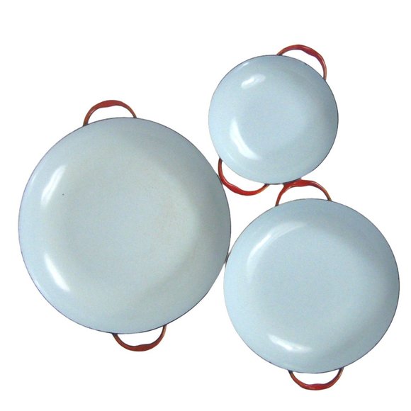 Set of 3 MCM Enamel Nesting Sauté Pans Orange Mid Century Modern CHIPS - Picture 7 of 13